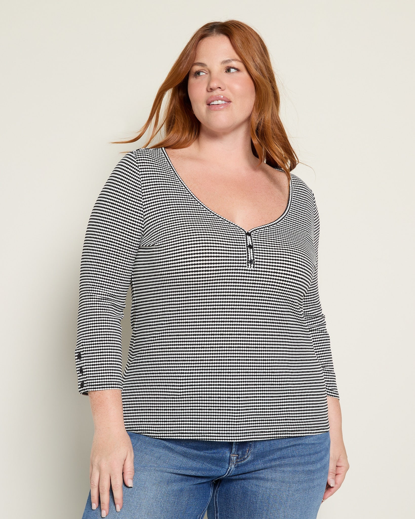 Black White $|& Liverpool 3/4 Button Sleeve Henley Top - SOF Front