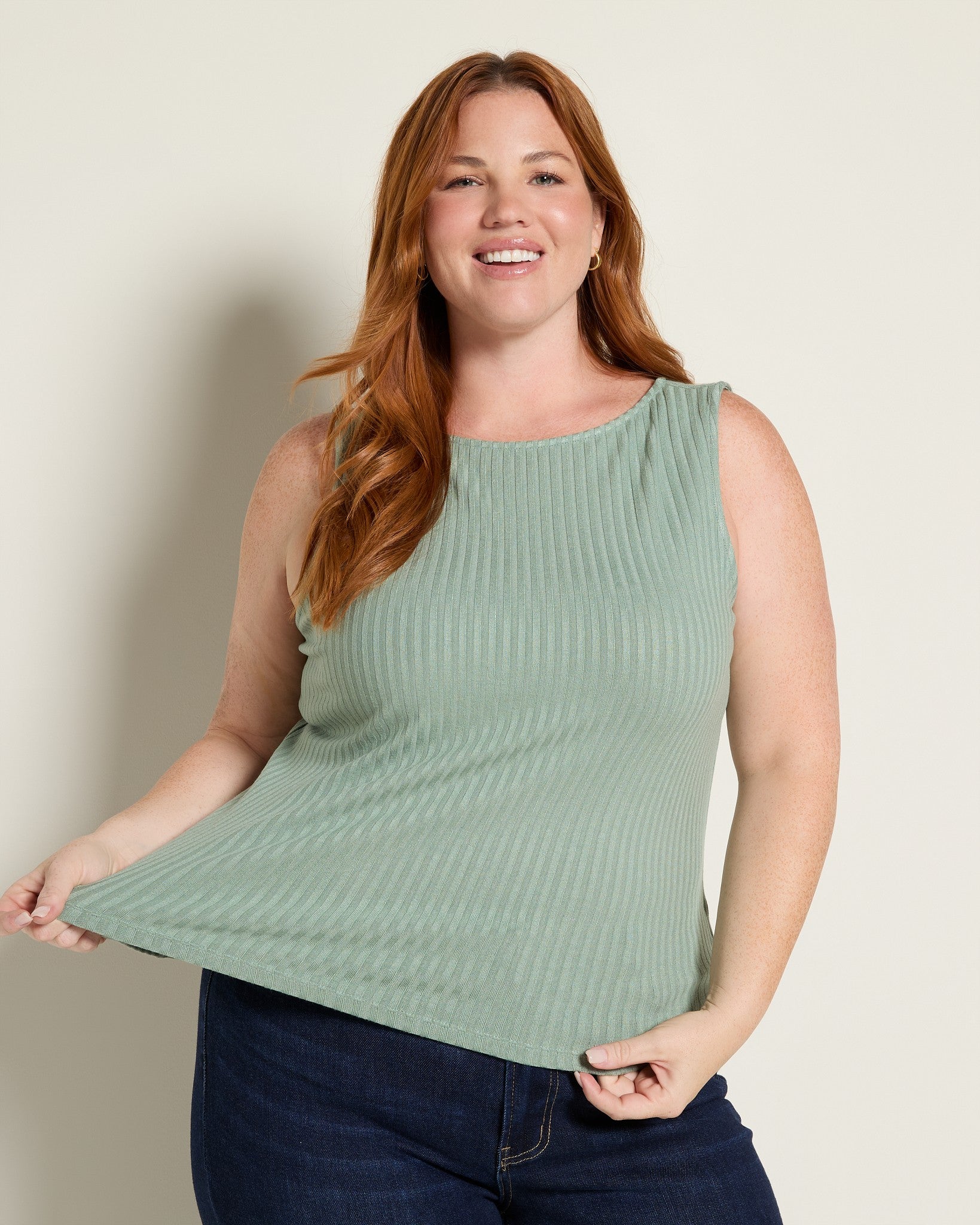 Dusty Sage $|& Liverpool Sleeveless Boat Neck Ribbed Knit Top - SOF Front