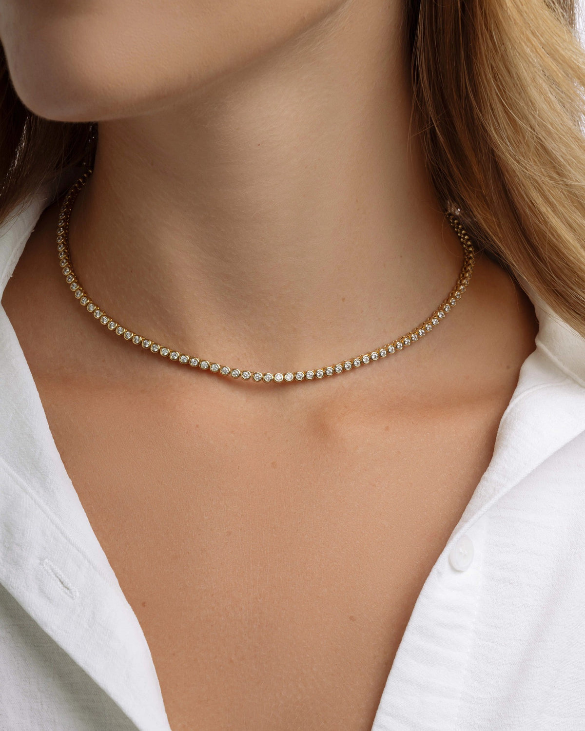 Gold $|& Sami Jewels Round Bezel Tennis Necklace - VOF Detail