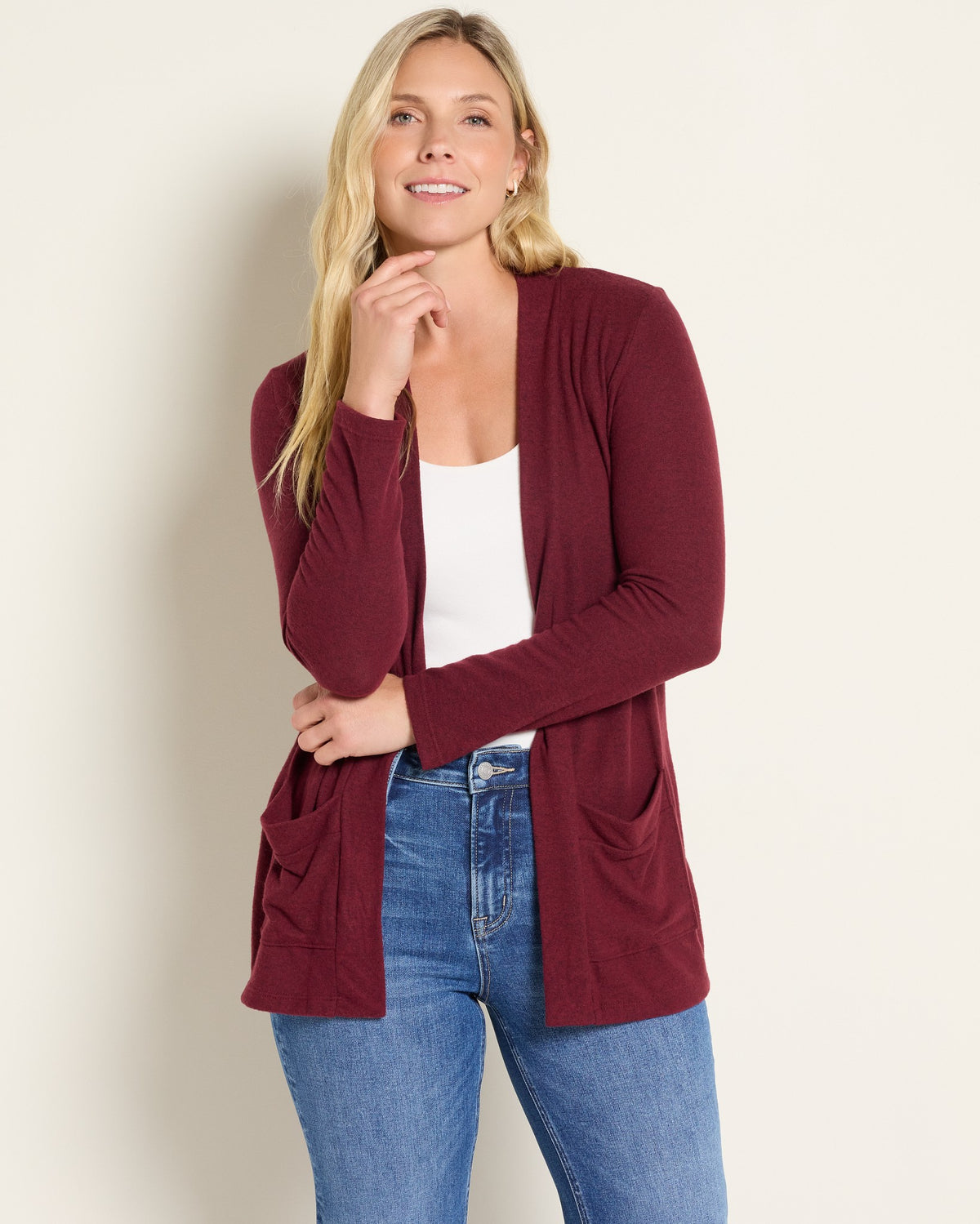 Burgundy $|& Heimious Cozy Cardigan with Pockets - SOF Front