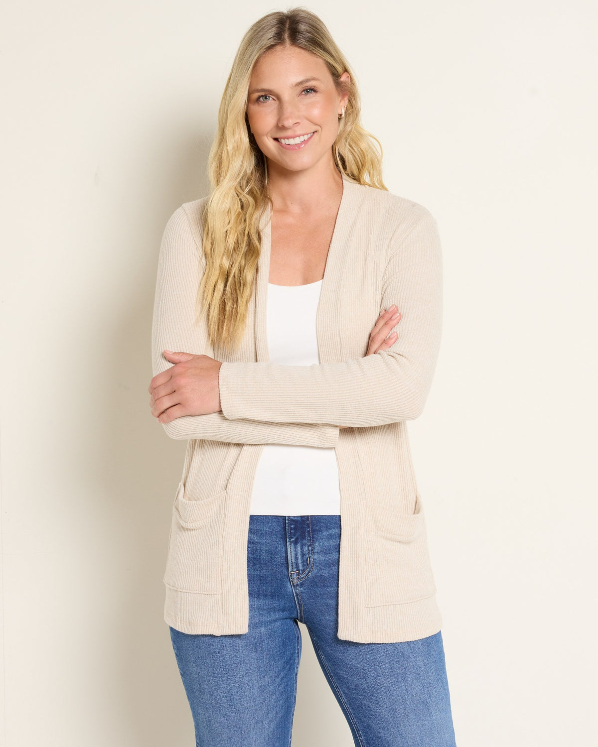 Oatmeal $|& Heimious Cozy Ribbed Cardigan with Pockets - SOF Front