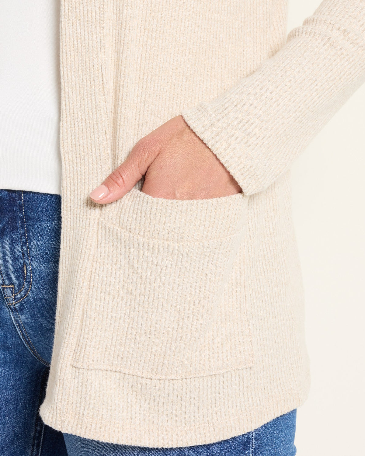 Oatmeal $|& Heimious Cozy Ribbed Cardigan with Pockets - SOF Full Front