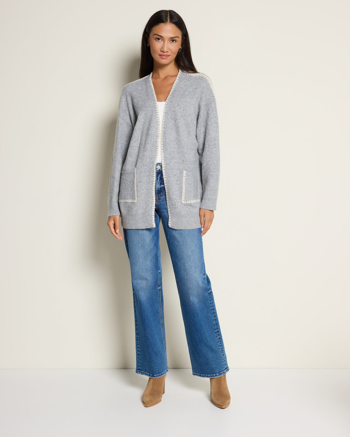 Heather Grey $|& by together Lotte Contrast Stitch Open Cardigan - UGC On Fig