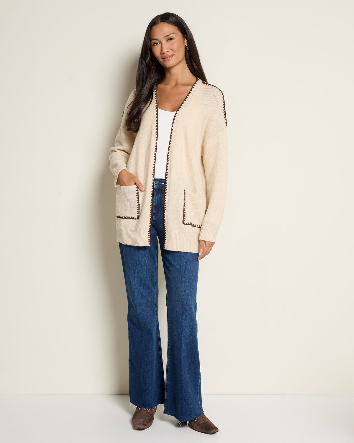 Light Beige $|& by together Lotte Contrast Stitch Open Cardigan - UGC On Fig