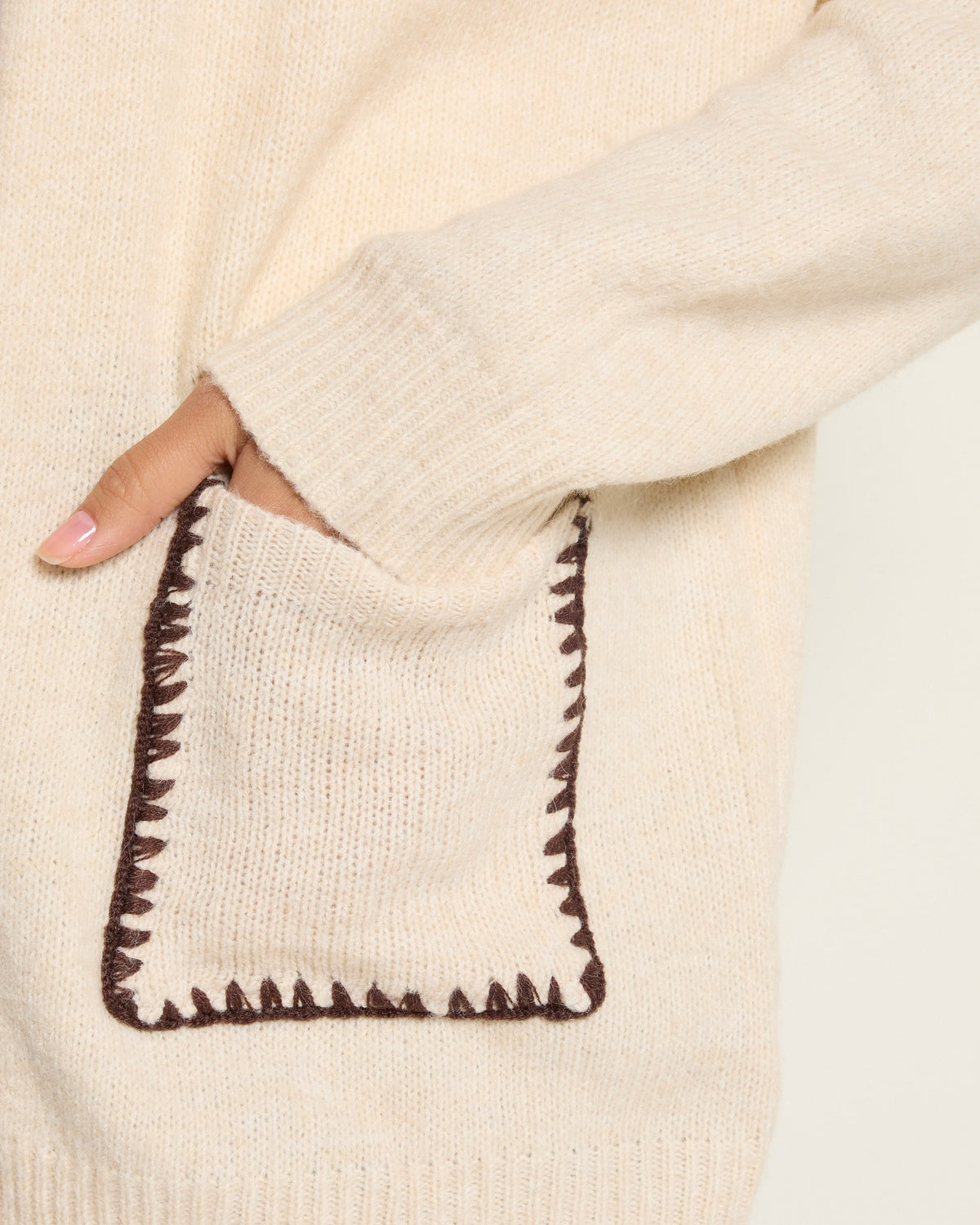 Light Beige $|& by together Lotte Contrast Stitch Open Cardigan - SOF Full Front