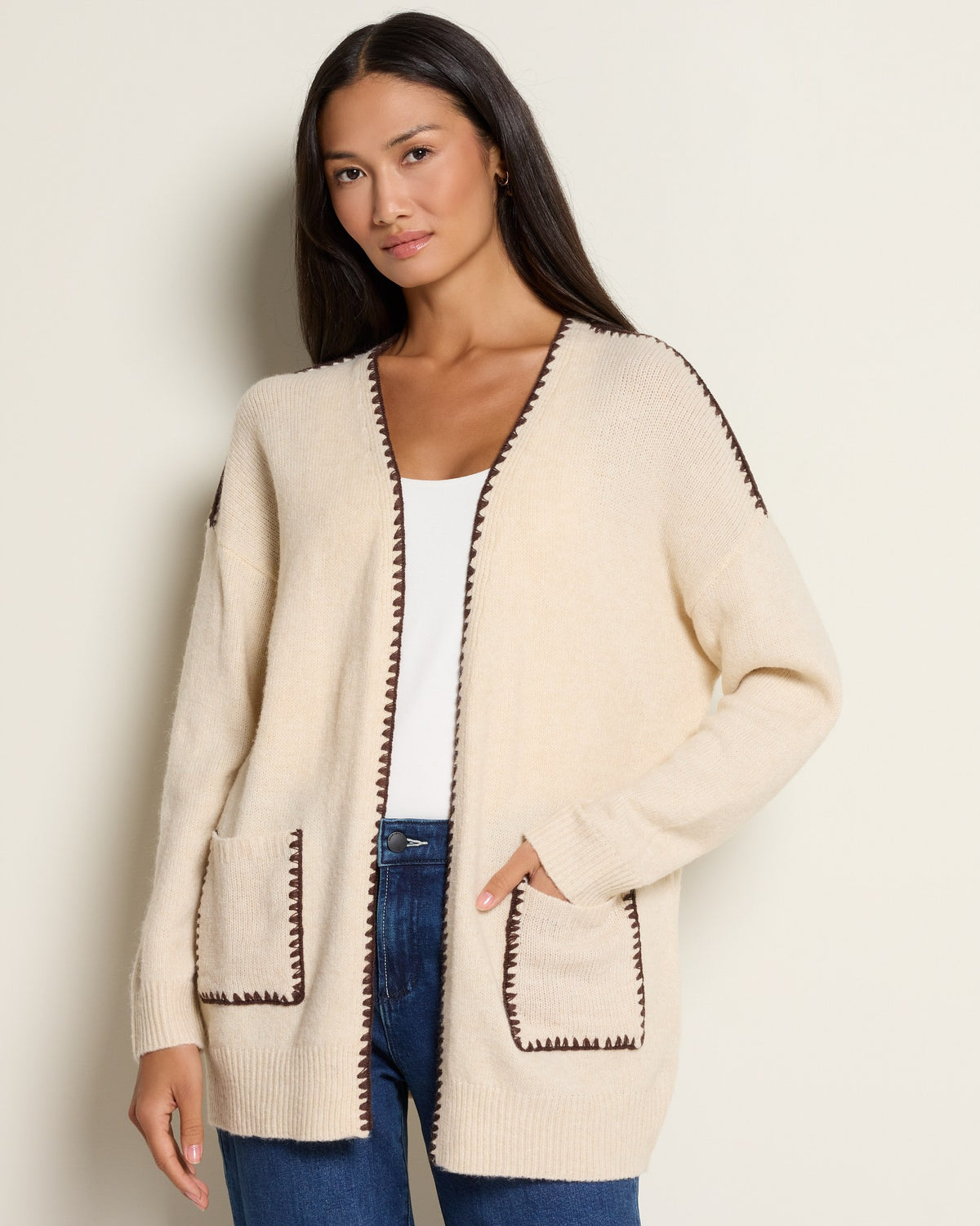 Light Beige $|& by together Lotte Contrast Stitch Open Cardigan - SOF Front