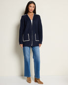Navy $|& by together Lotte Contrast Stitch Open Cardigan - UGC On Fig