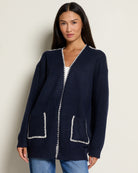 Navy $|& by together Lotte Contrast Stitch Open Cardigan - SOF Front