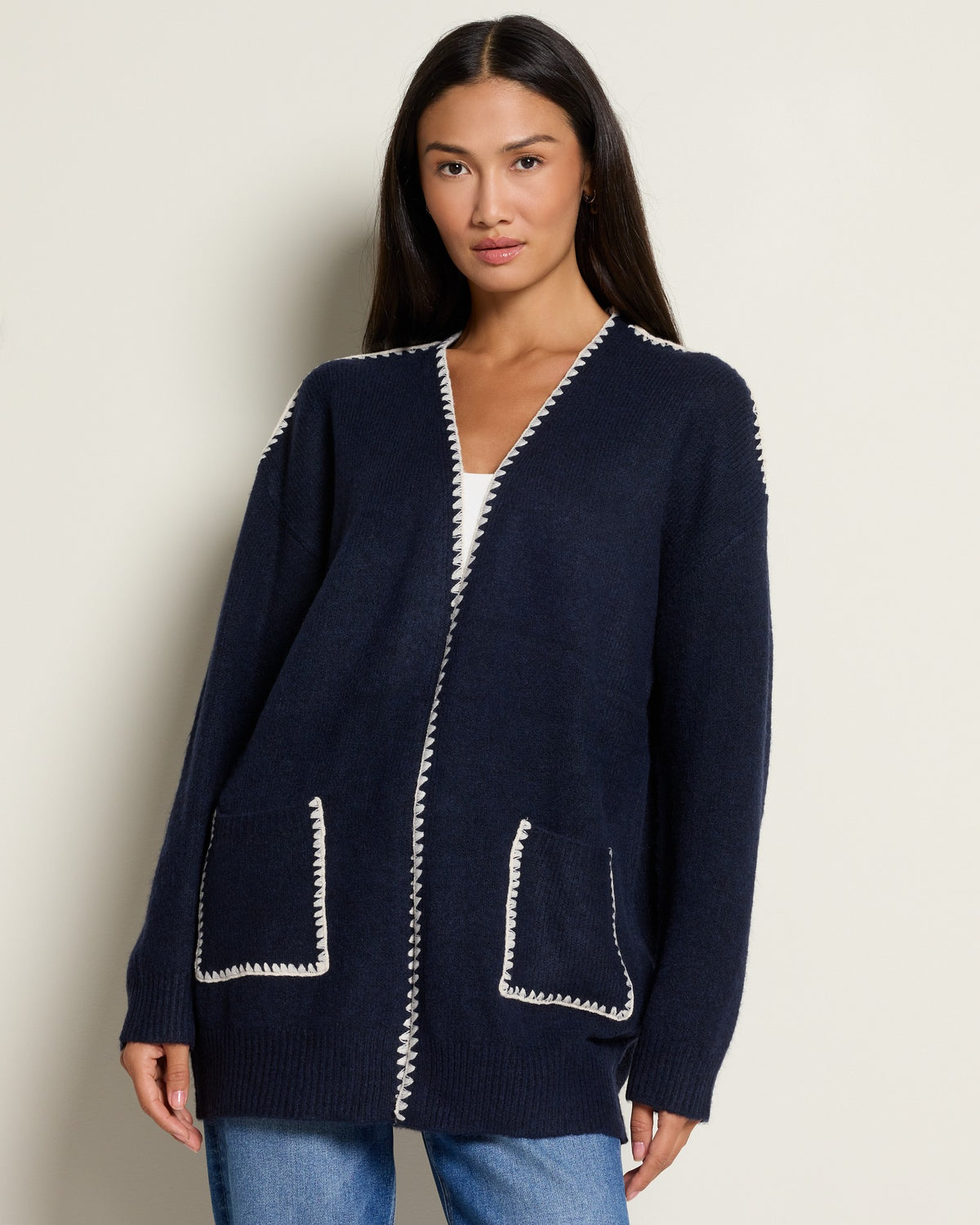 Navy $|& by together Lotte Contrast Stitch Open Cardigan - SOF Front
