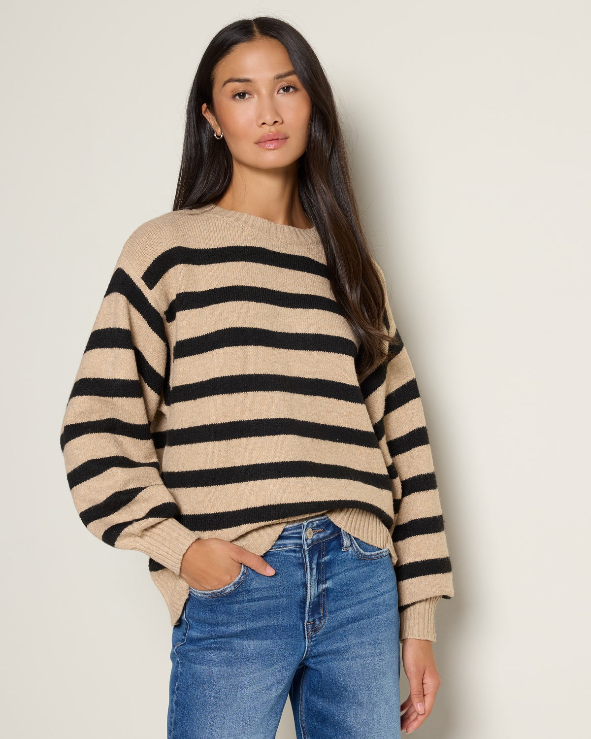 Mocha $|& by together Davis Striped Sweater - SOF Full Front