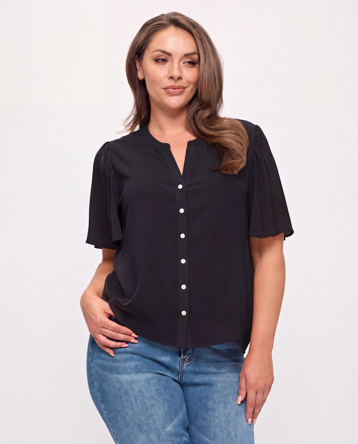 Black $|& White Rhino Button Down Flutter Sleeve Blouse - VOF Detail