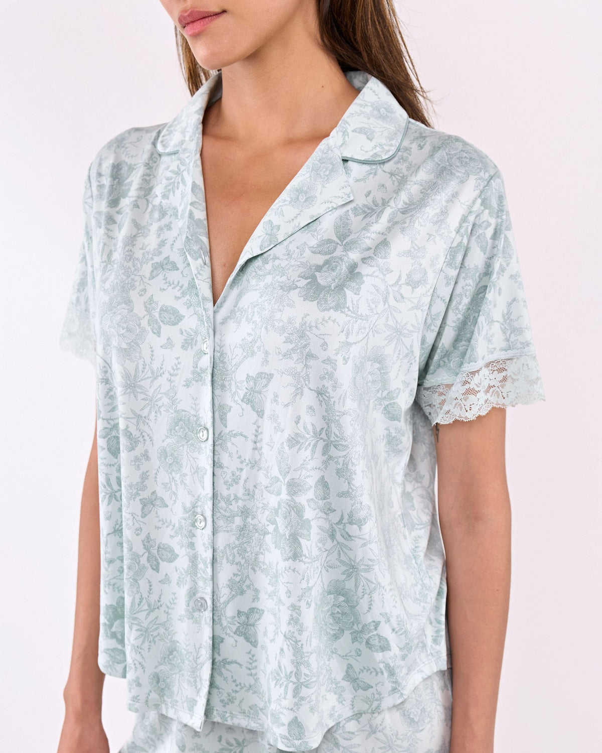 Sage $|& flora Janelle Printed Knit Notch Collar PJ Set with Lace - Hanger Back