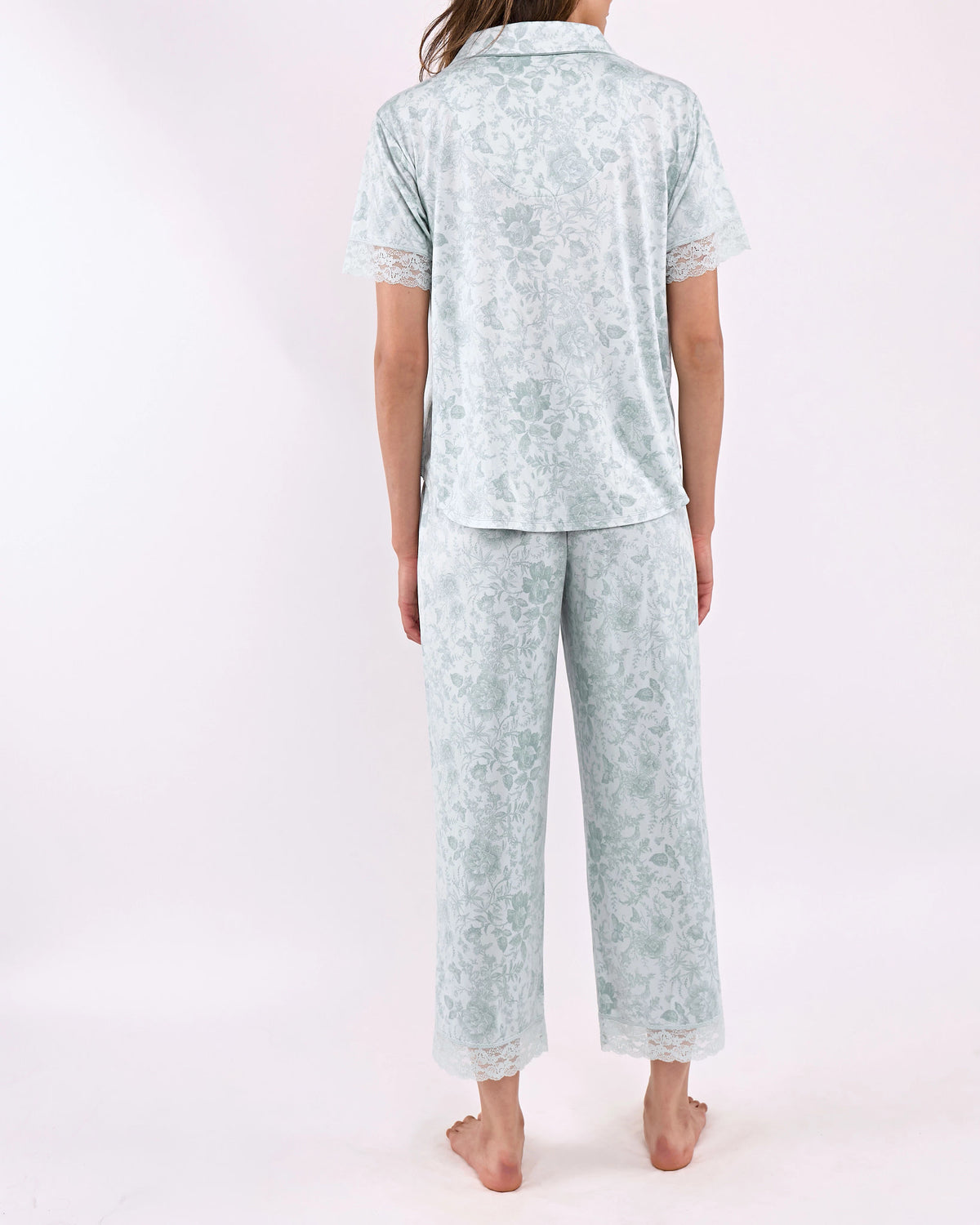 Sage $|& flora Janelle Printed Knit Notch Collar PJ Set with Lace - Hanger Side
