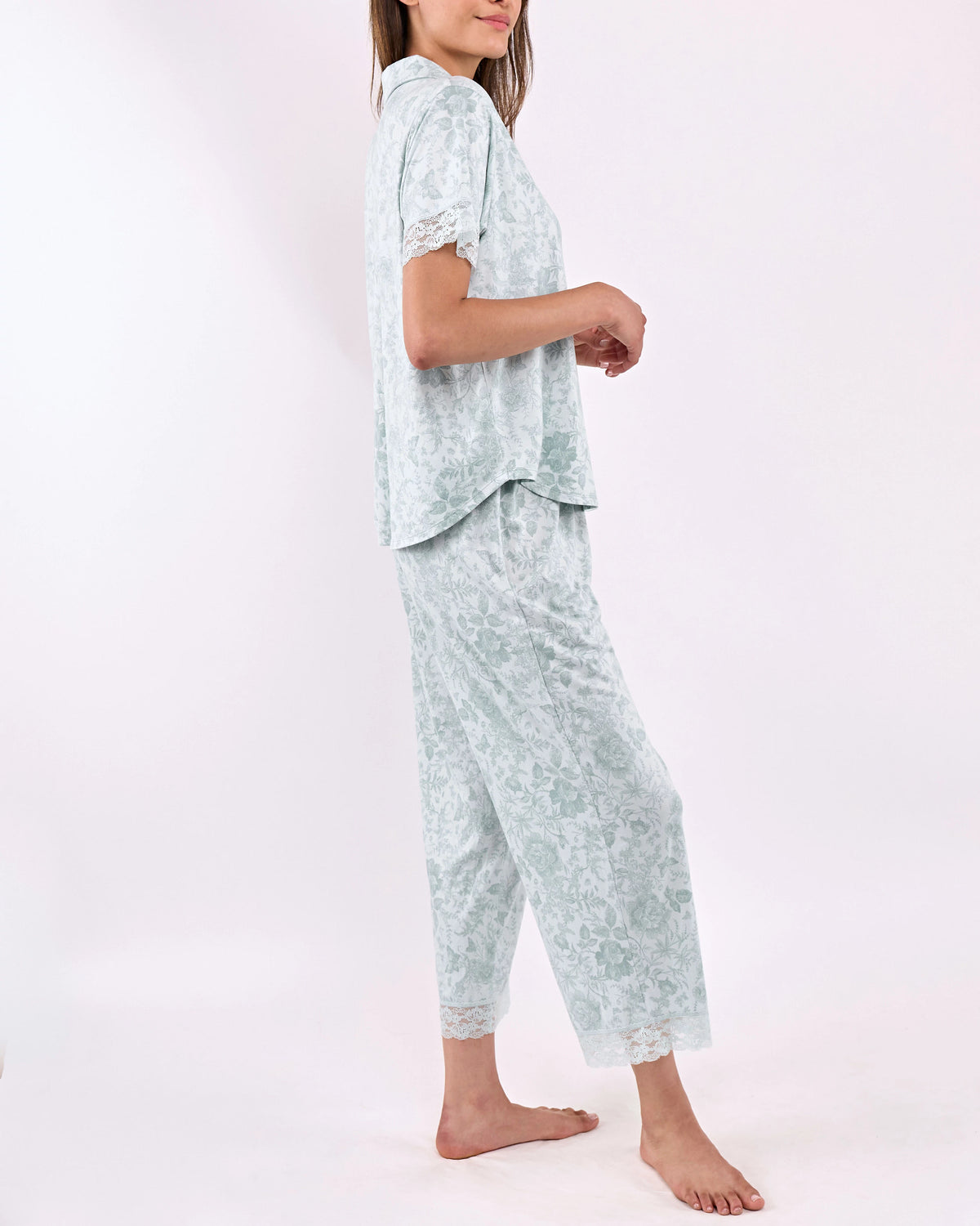 Sage $|& flora Janelle Printed Knit Notch Collar PJ Set with Lace - Hanger Front