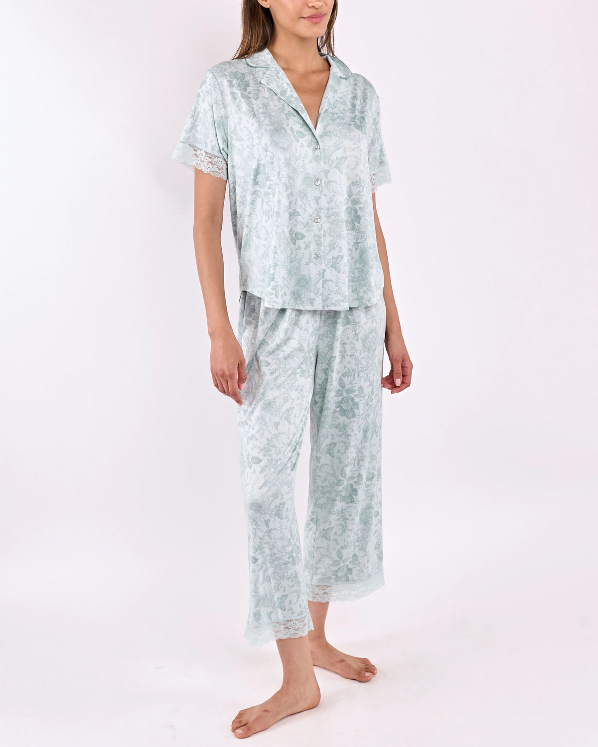 Sage $|& flora Janelle Printed Knit Notch Collar PJ Set with Lace - VOF Detail