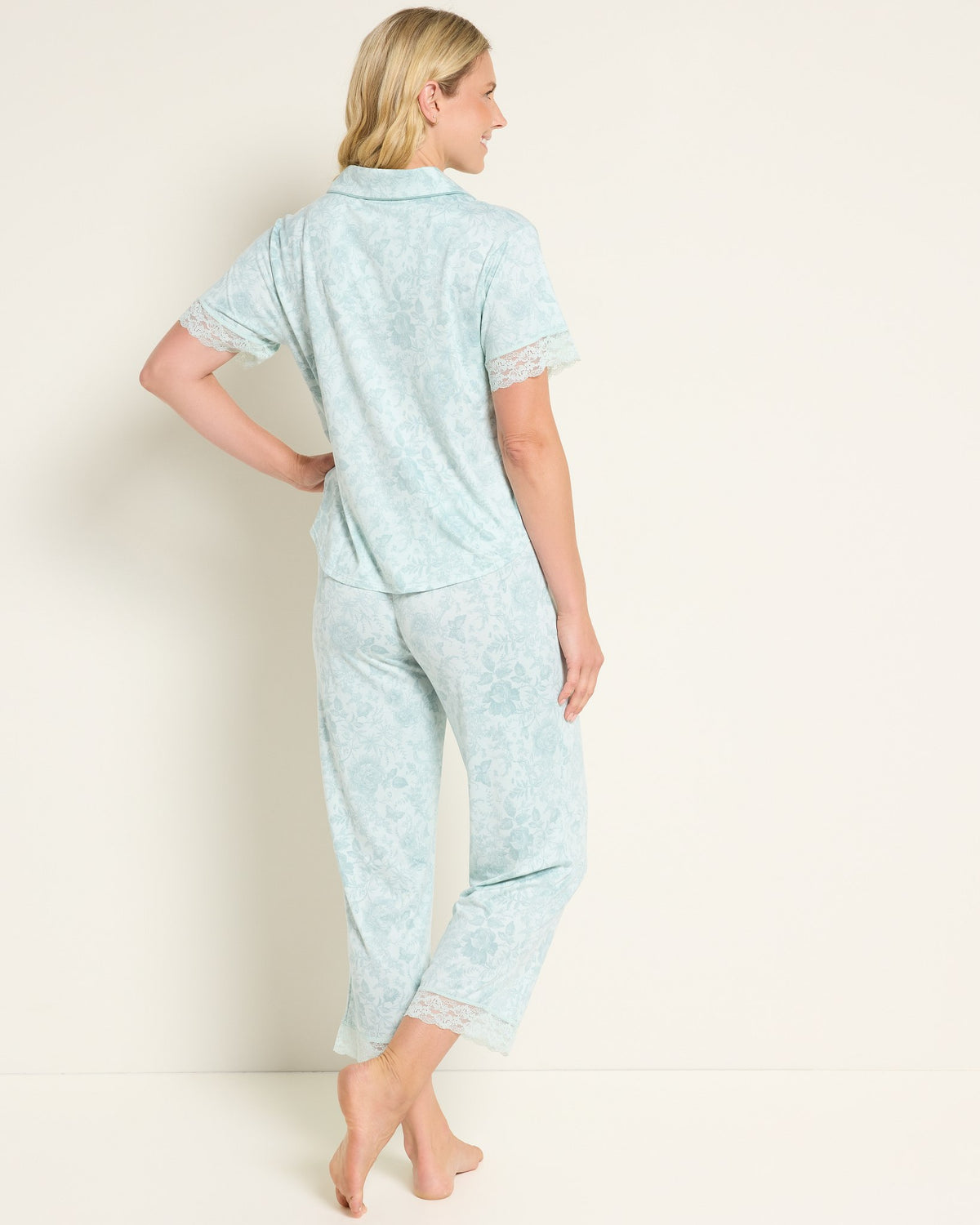Sage $|& flora Janelle Printed Knit Notch Collar PJ Set with Lace - SOF Back