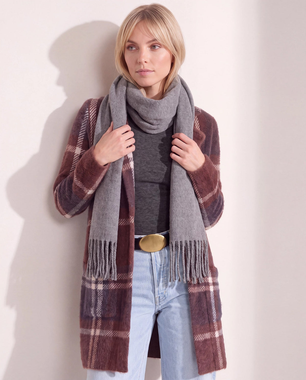 Grey $|& Fame Accessories Solid Scarf - SOF Front