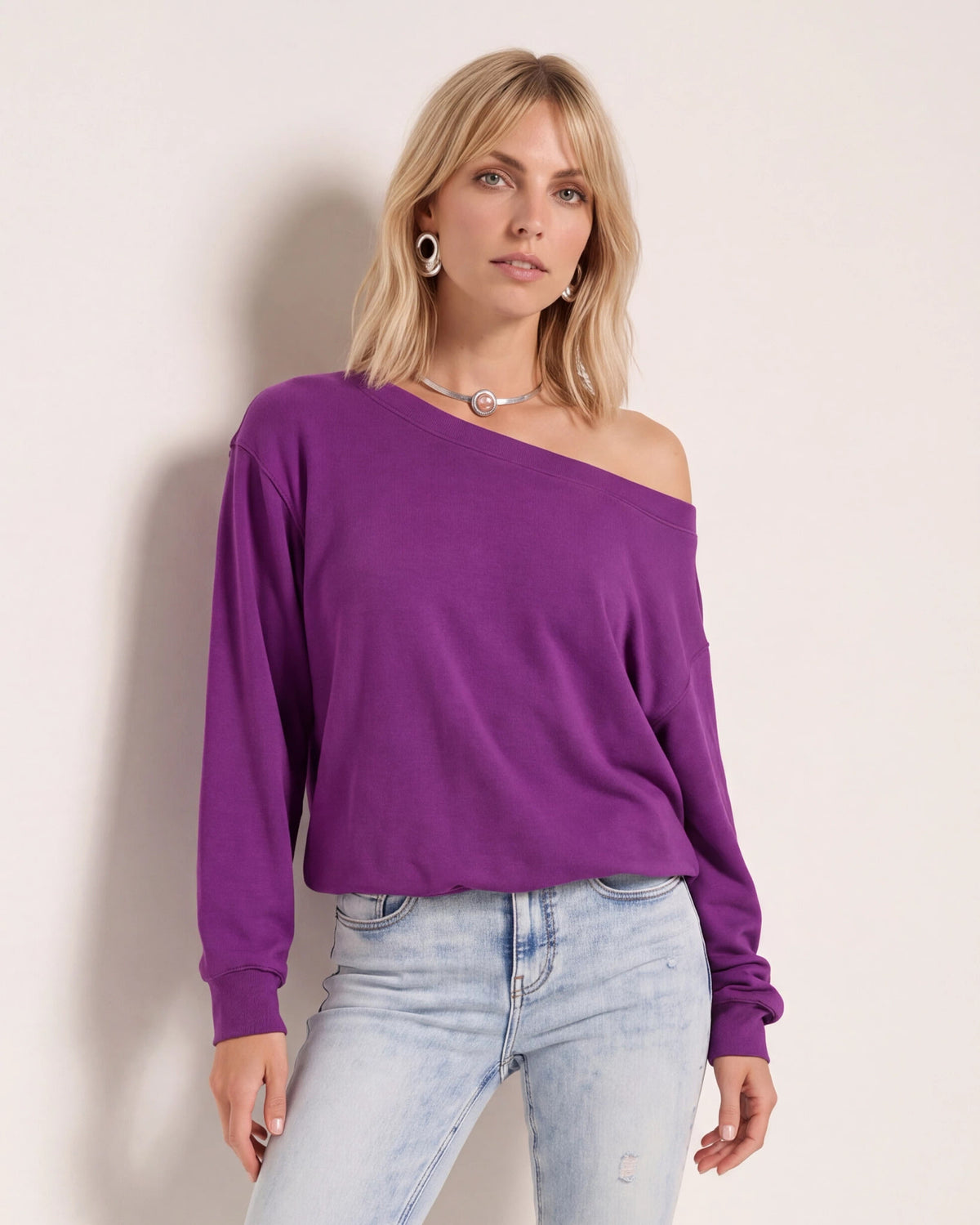 Amethyst $|& SEAS Brooksville One Shoulder Sweatshirt - SOF Front