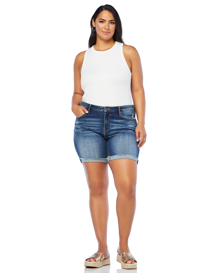 Medium Wash $|& Vigoss Marley Mid Rise Distressed Frayed Cuff Short - SOF Full Front