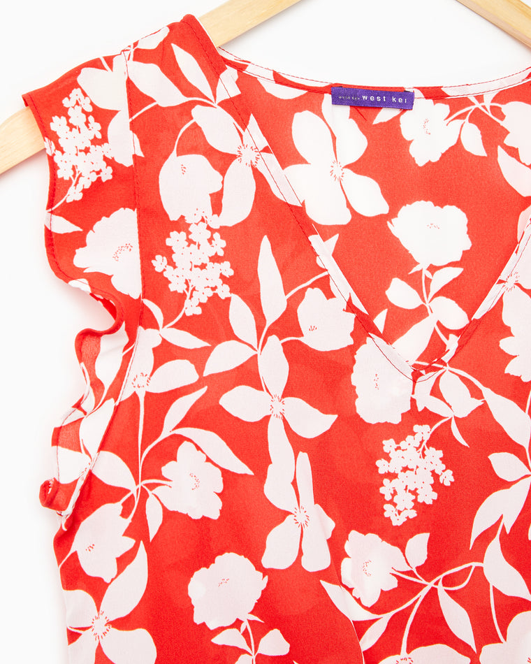 Red $|& West Kei Sleeveless  Floral Woven Tie Front Top - Hanger Detail