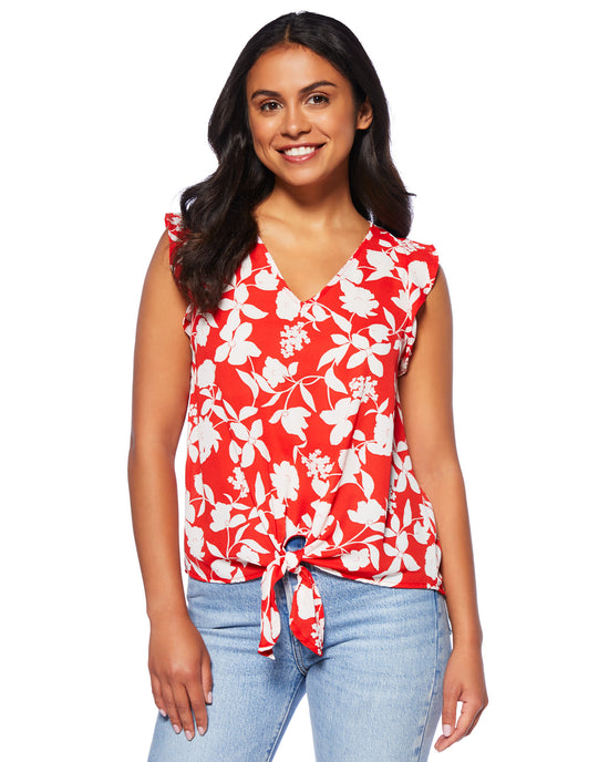 Red $|& West Kei Sleeveless  Floral Woven Tie Front Top - SOF Front