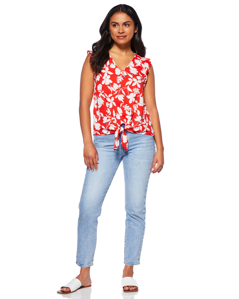Red $|& West Kei Sleeveless  Floral Woven Tie Front Top - SOF Full Front