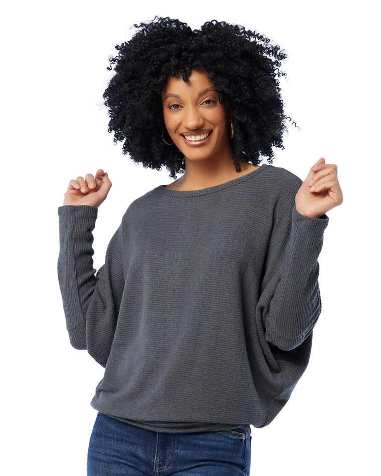 Dark Charcoal $|& W. by Wantable Brushed Ribbed Intermingle Dolman Top - SOF Front