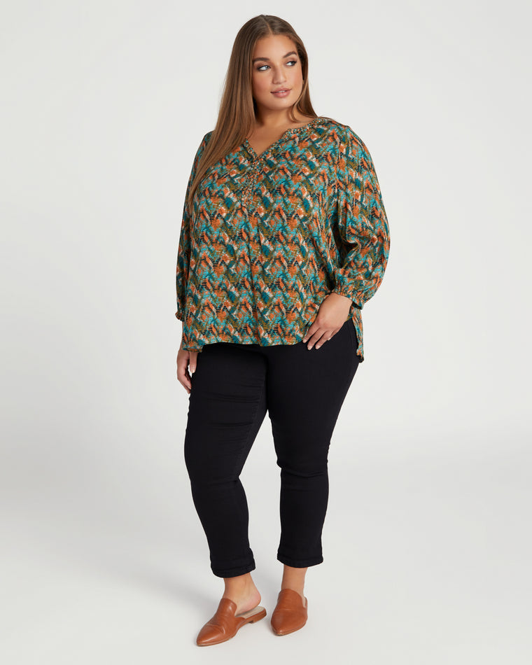 Jade Stone Amber Spice $|& Democracy 3/4 Sleeve Braided Neck Printed Woven Top - SOF Full Front