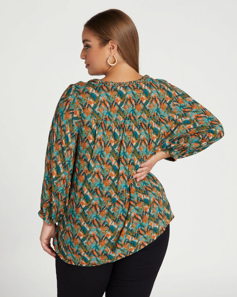 Jade Stone Amber Spice $|& Democracy 3/4 Sleeve Braided Neck Printed Woven Top - SOF Back