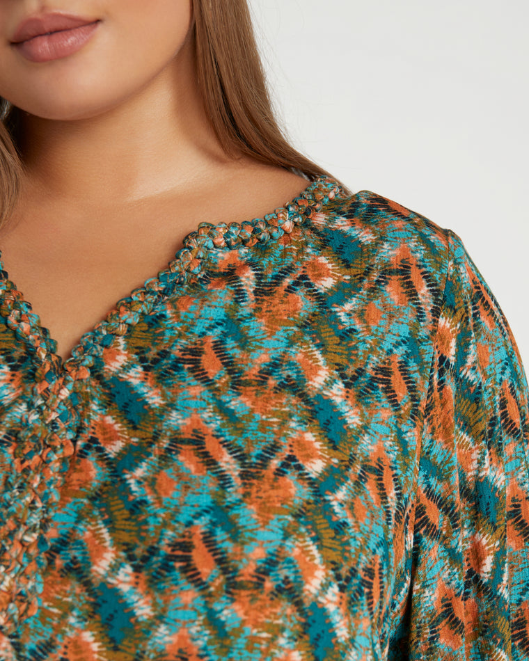 Jade Stone Amber Spice $|& Democracy 3/4 Sleeve Braided Neck Printed Woven Top - SOF Detail