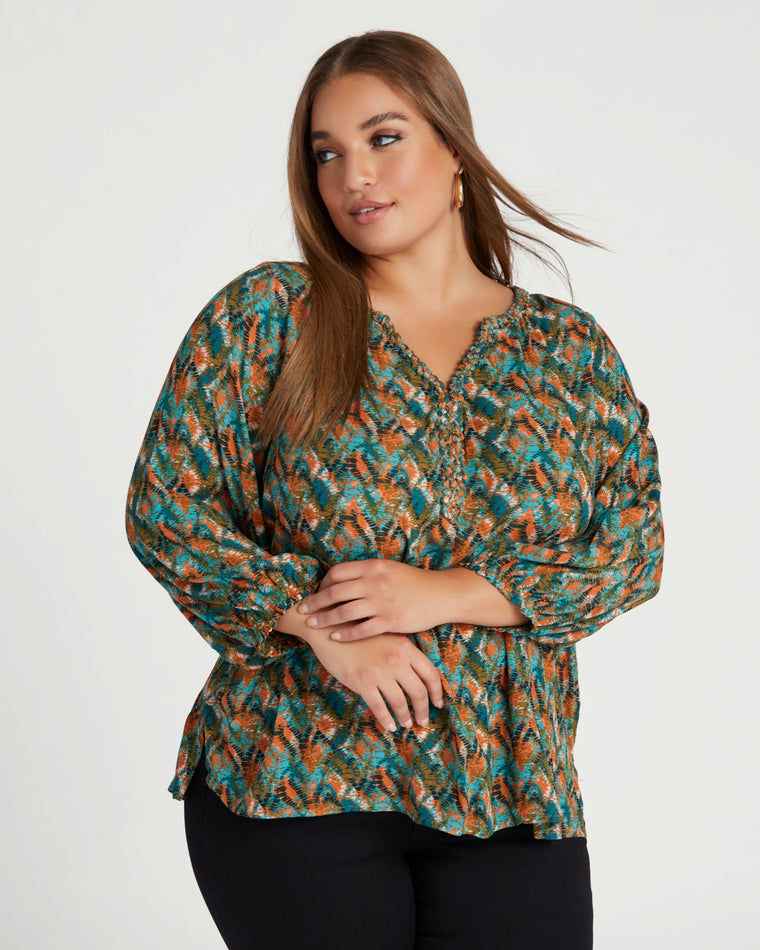 Jade Stone Amber Spice $|& Democracy 3/4 Sleeve Braided Neck Printed Woven Top - SOF Front