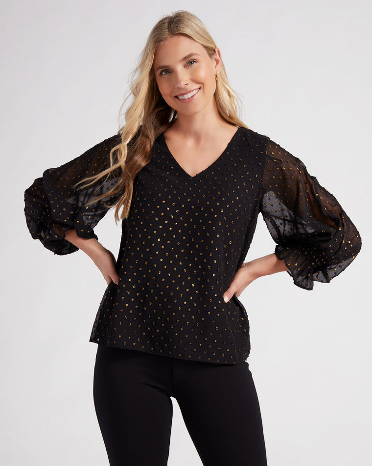 Rich Black $|& Vince Camuto V-Neck Blouse With Balloon Sleeve - SOF Front