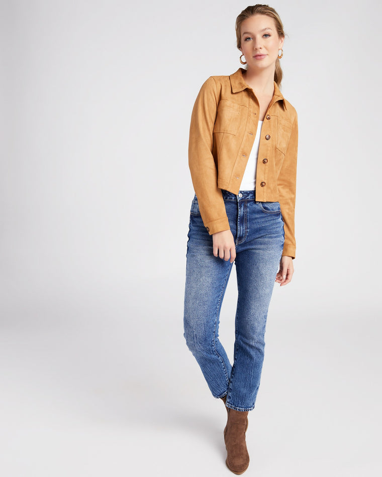 Toffee $|& Kut From The Kloth Matilda Crop Faux Suede Trucker Jacket - SOF Full Front
