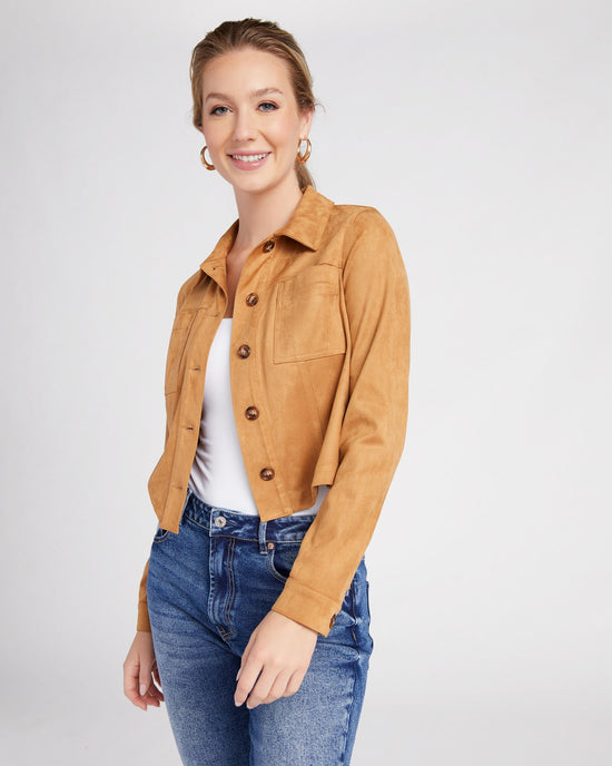 Toffee $|& Kut From The Kloth Matilda Crop Faux Suede Trucker Jacket - SOF Front