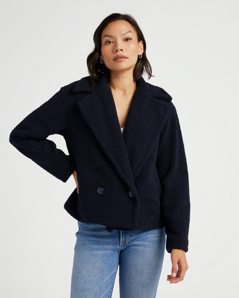 Navy $|& Kut From The Kloth Emaline Double Breasted Sherpa Coat - SOF Front