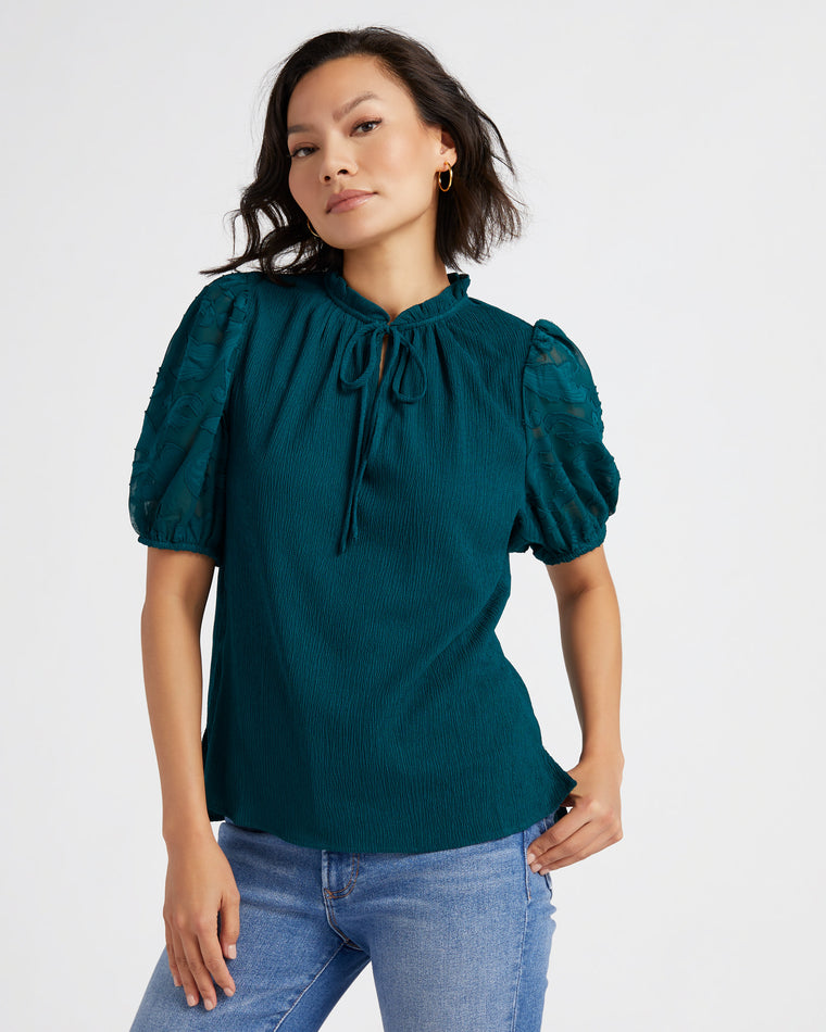 Emerald Green $|& Vince Camuto Short Puff Sleeve V-Neck Floral Woven Top - SOF Front