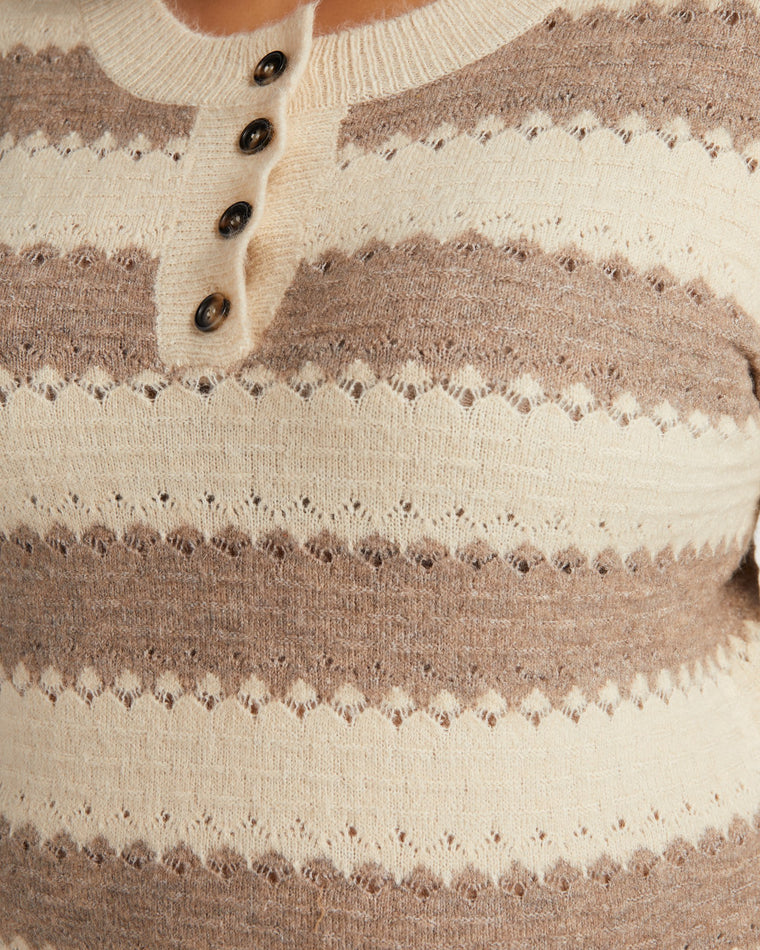 Taupe Taupe $|& Hem & Thread Half Placket Stripe Brushed Sweater - SOF Detail