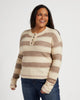 Plus Size Half Placket Stripe Brushed Sweater