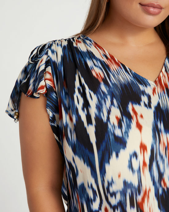 Ikat Print $|& Liverpool Shirred V-Neck Dolman Top withTie Sleeve - SOF Detail