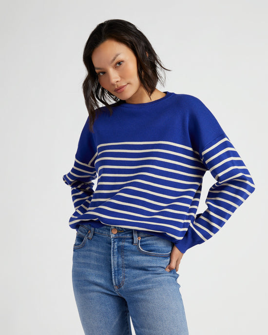 Cobalt $|& Apricot Striped Crew Neck Pullover - SOF Front