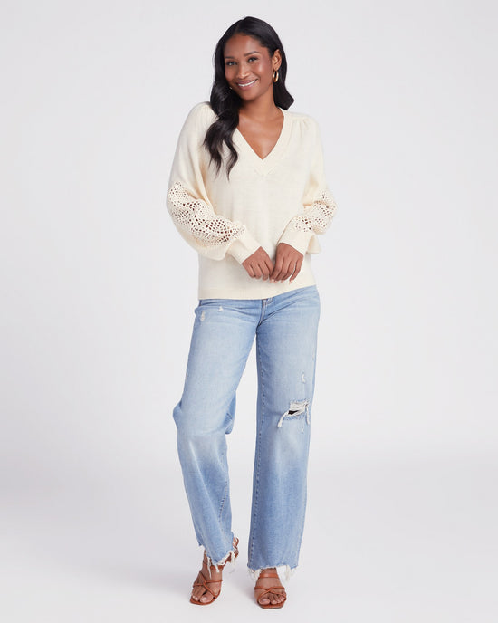 Cream $|& Skies Are Blue V-Neck Sweater with Sleeve Detail - SOF Full Front