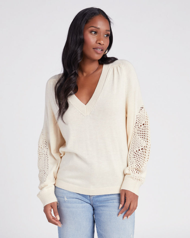 Cream $|& Skies Are Blue V-Neck Sweater with Sleeve Detail - SOF Front