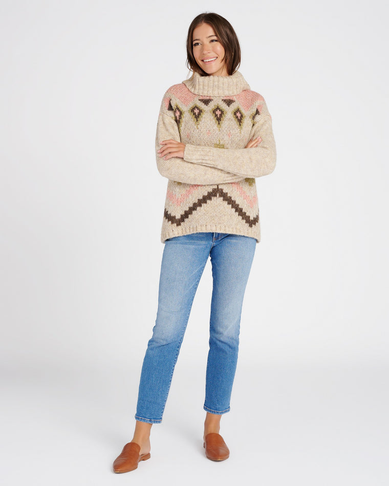 Oatmeal $|& Tribal Novelty Print Cowl Neck Sweater - SOF Full Front