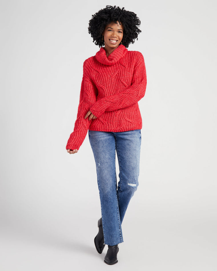 Lipstick Red $|& Tribal Turtleneck Cable Detail Sweater - SOF Full Front