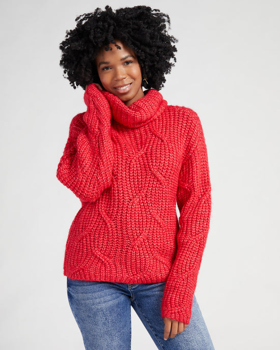 Lipstick Red $|& Tribal Turtleneck Cable Detail Sweater - SOF Front