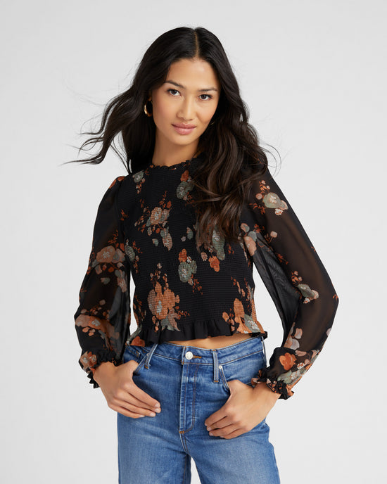Tawny Floral $|& DEX Long Sleeve Smocked Body Floral Woven Top - SOF Front