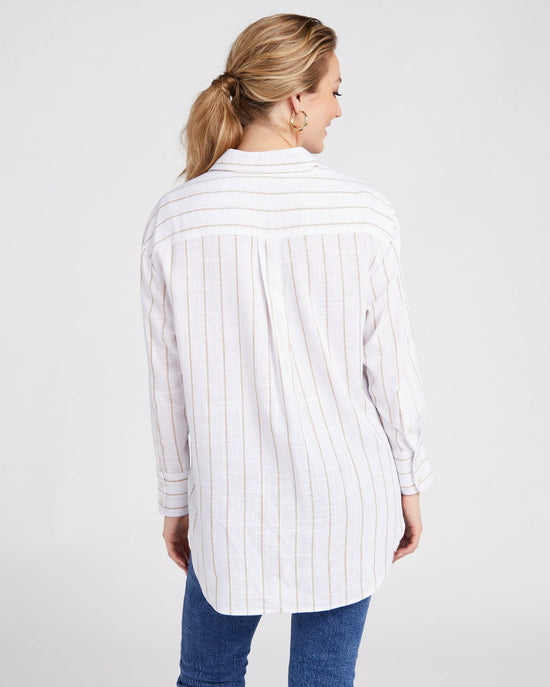 White/Taupe Stripe $|& DEX Long Sleeve Striped Button Front Woven Top - SOF Back