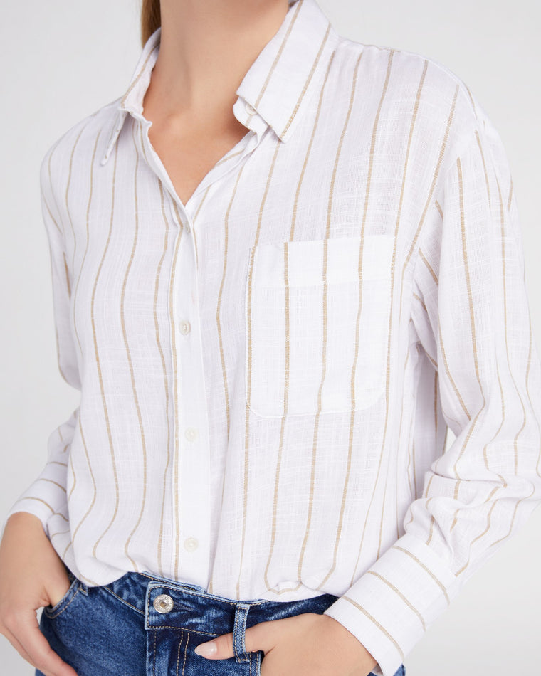 White/Taupe Stripe $|& DEX Long Sleeve Striped Button Front Woven Top - SOF Detail