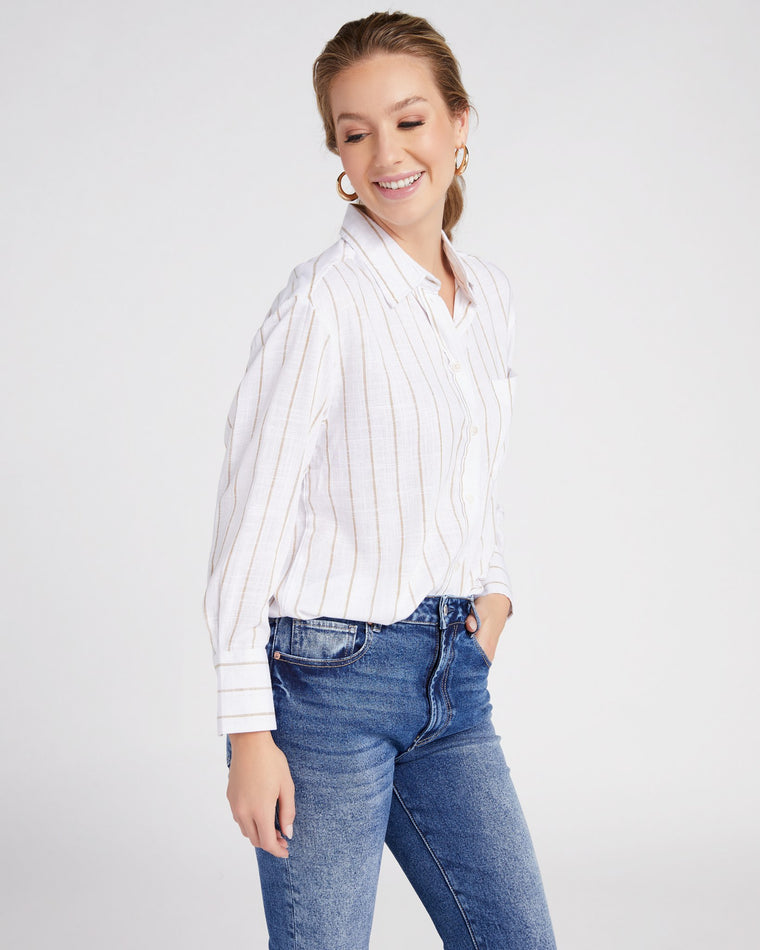 White/Taupe Stripe $|& DEX Long Sleeve Striped Button Front Woven Top - SOF Front