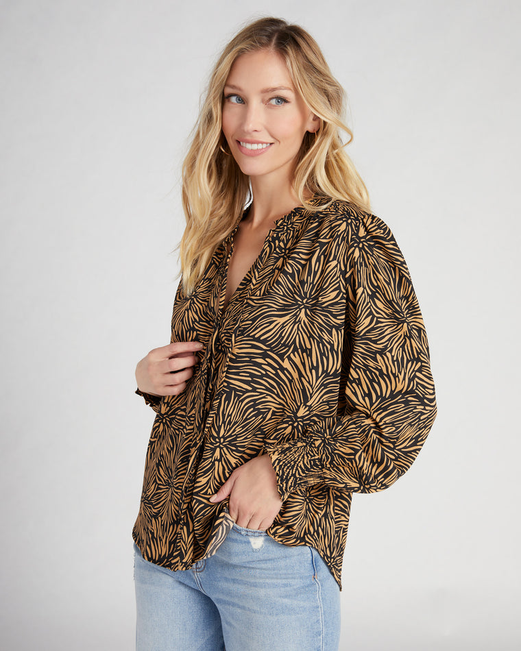 Black/Taupe Tawny Floral $|& Black Tape Long Sleeve V-Ruffle Neck Floral Woven Top - SOF Front